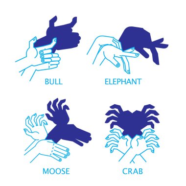Shadow Hand Puppets. Bull, Elephant, Moose and Crab. clipart