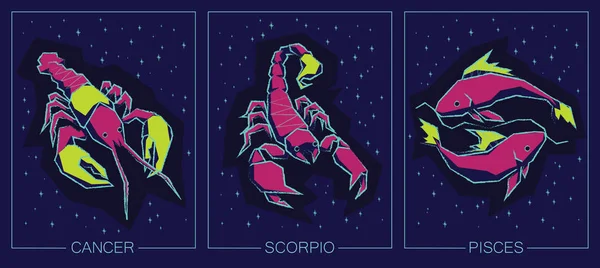 Zodiac Water Signs. Cancer, Scorpio, Pisces. — Stock Vector