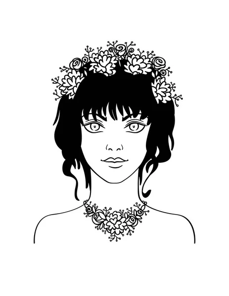 Handgezeichnetes junges Mädchen mit lockigem Haar und Blumen. — Stockvektor