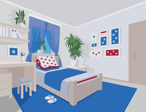 Interno colorato della camera da letto in stile fumetto piatto . — Vettoriale Stock