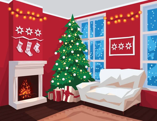 Renkli Noel odası iç kırmızı duvarlı.