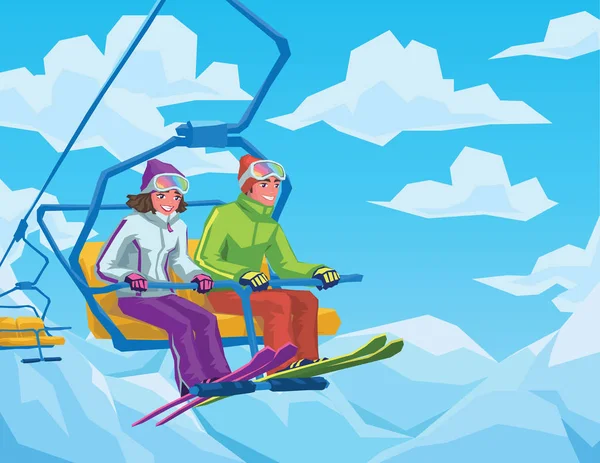 Skiers riding on the lift at the ski resort. — Stock Vector