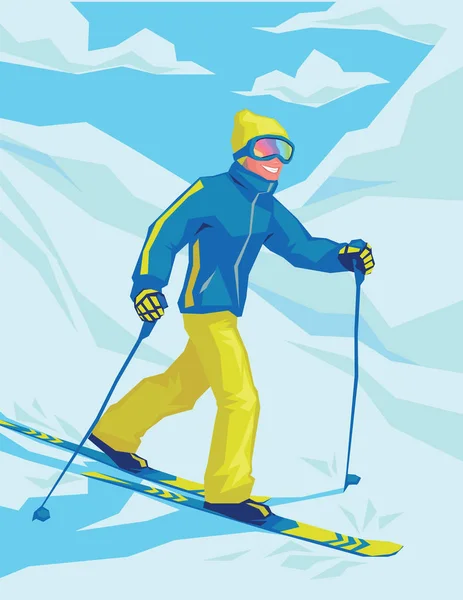 Hombre en el esquí en el fondo del paisaje nevado . — Vector de stock
