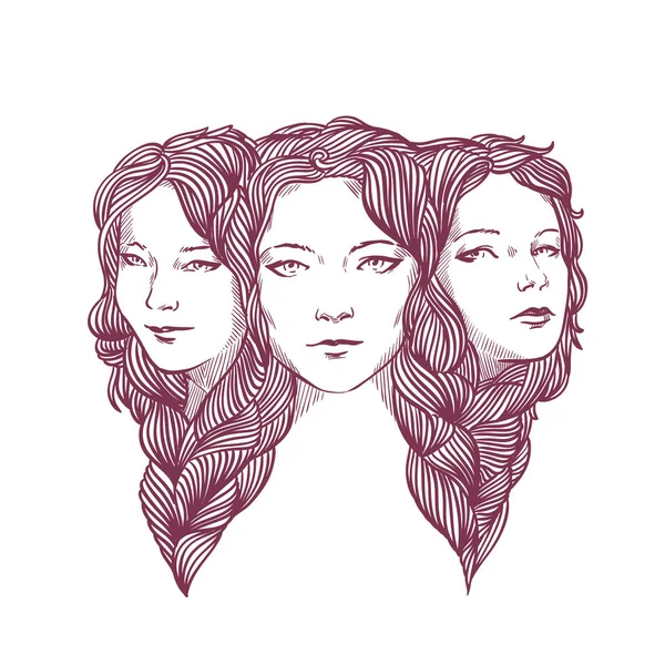 Retrato triple de hermosas chicas jóvenes tejidas con pelo largo y rizado . — Vector de stock