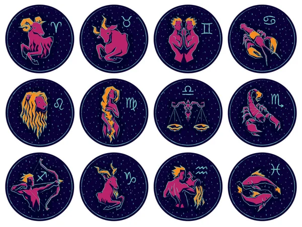 Zodyak işaretleri gece yıldızlı gökyüzü arka plan üzerinde vektör çizim.