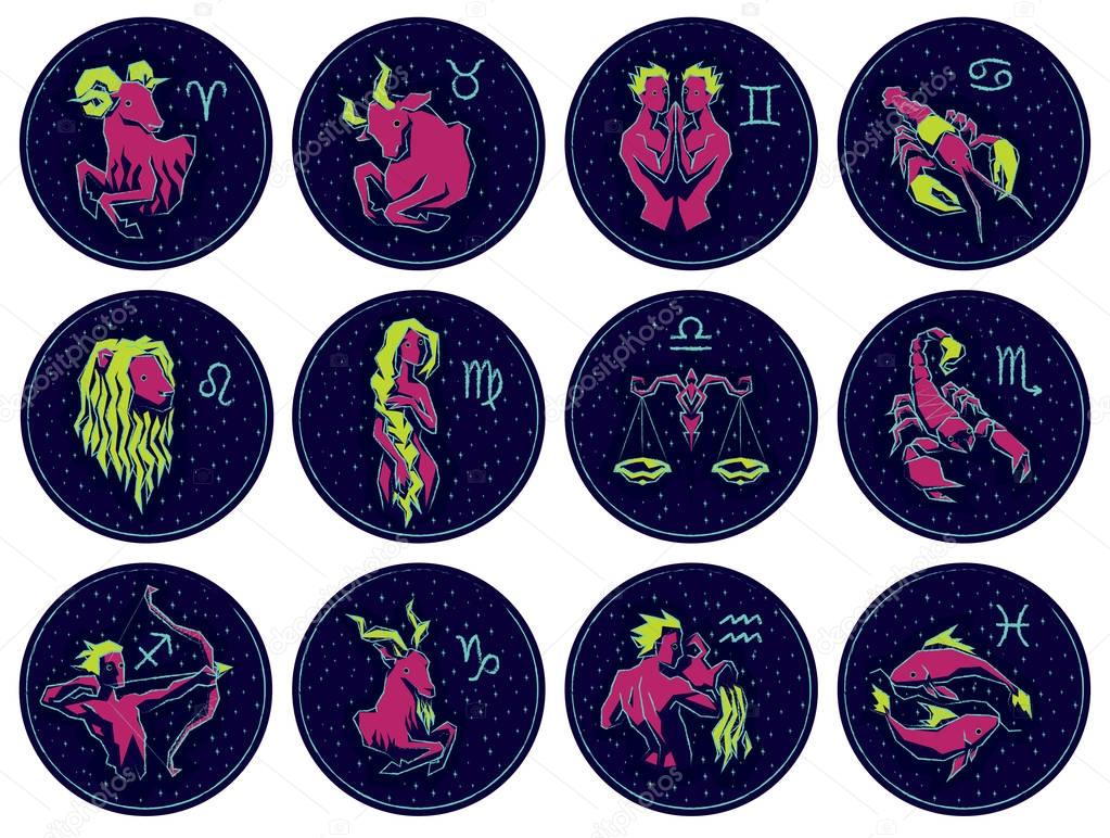 Vector illustration of Zodiac Signs on Night Starry Sky Background.