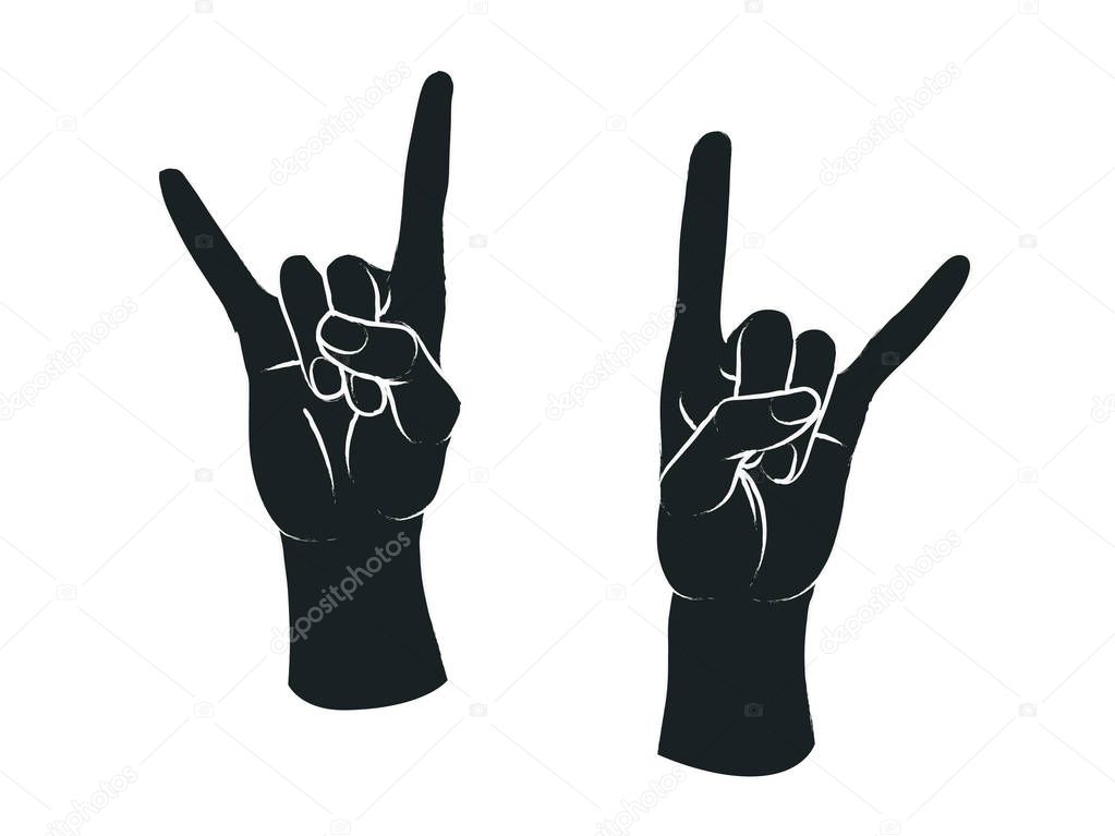 Gesture. Rock sign. Two female hands with index and little finger up in form of horns. Vector.