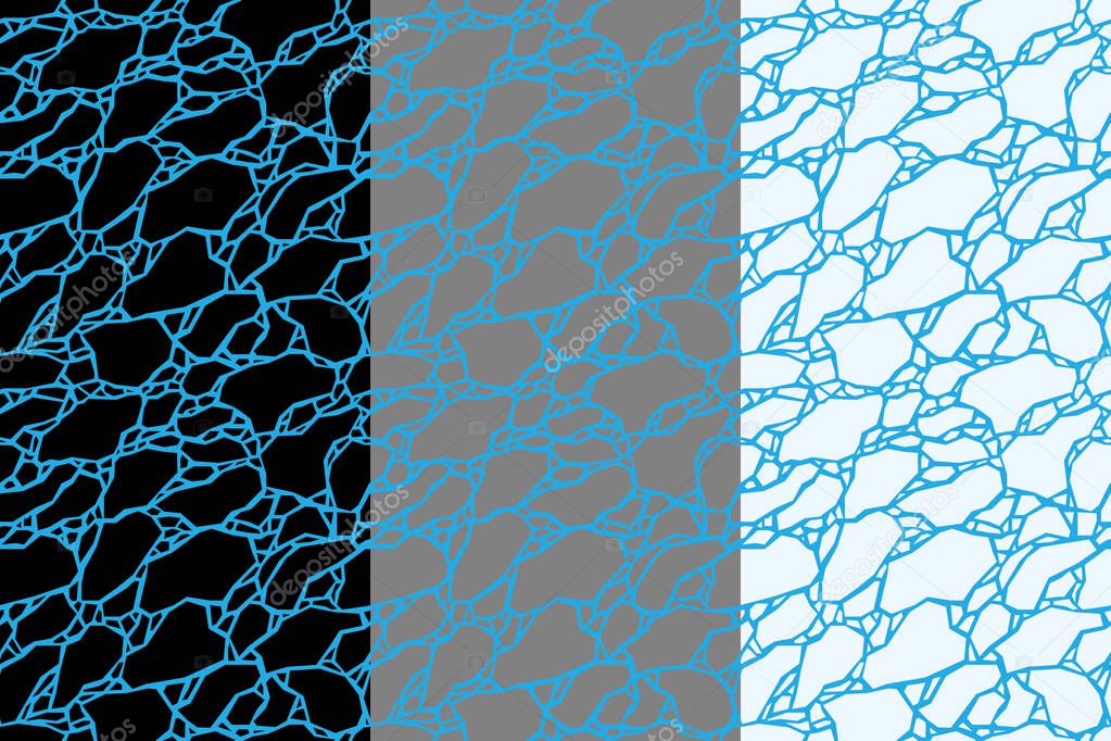 Set of abstract textures. Three seamless patterns with cracked black, grey, white polygonal forms on a blue background.