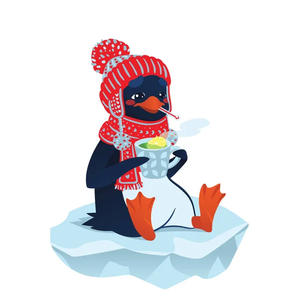 Милий хворий пінгвін у смішному капелюсі та шарфі . — стоковий вектор