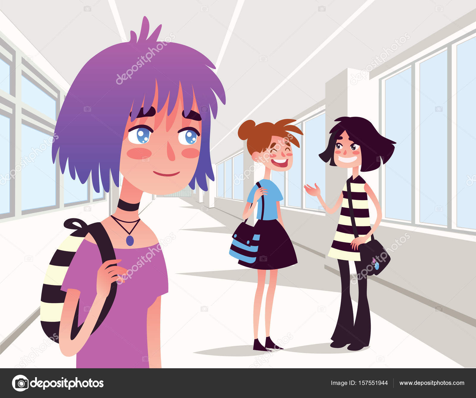 Cheerful girl looking at two school friends talking and laughing together. Vector. Stock Vector Image by © #157551944 Cheerful girl looking at two school friends talking and laughing together. Vector. Stock Vector Image by © #157551944
