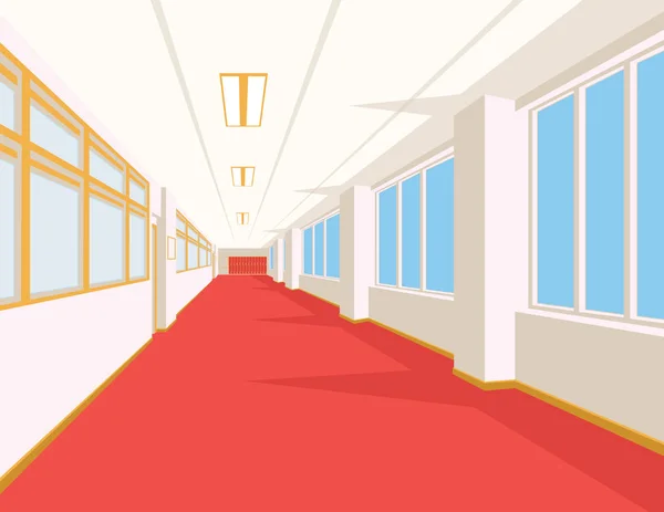 Kırmızı zemin, windows ve sütunlar ile okul binasının iç.
