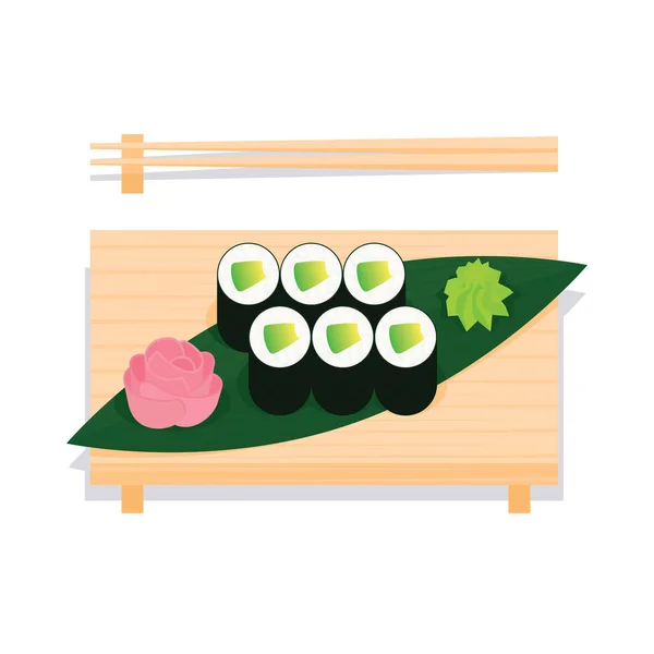 Maki sushi à l'avocat servi sur planche de bois . — Image vectorielle