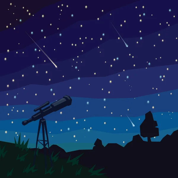 Stargazing. Stelle cadenti. Paesaggio naturale, cielo stellato notturno e telescopio in primo piano . — Vettoriale Stock