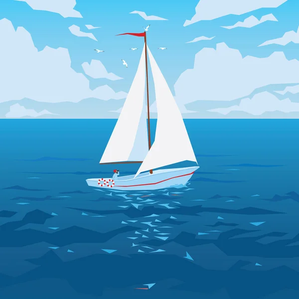 Barca bianca con vela e bandiera rossa . — Vettoriale Stock