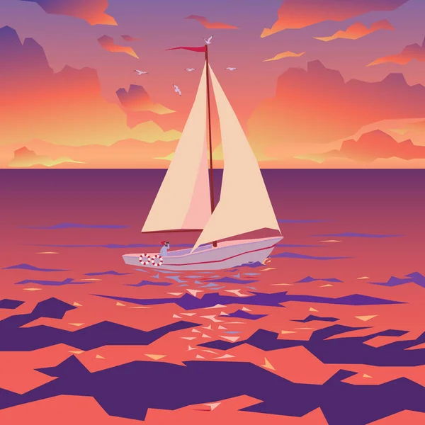 Bateau blanc avec voile et drapeau rouge. Coucher de soleil sur l'océan tropical. Vecteur . — Image vectorielle