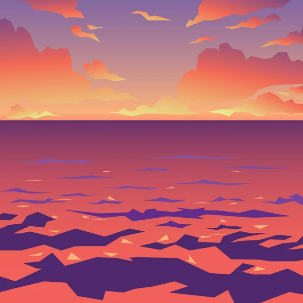 Mar ou paisagem oceânica. Pôr do sol. Ilustração vetorial . — Vetor de Stock