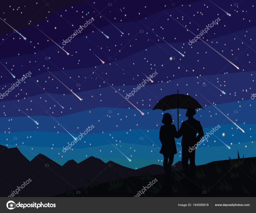 Sternenuntergang. Silhouette eines Paares unter einem Regenschirm, das  Sternschnuppen beobachtet. der Sternenhimmel. Meteorschauer.  Stock-Vektorbild von ©tinki.v 164595818, image size:1024x855
