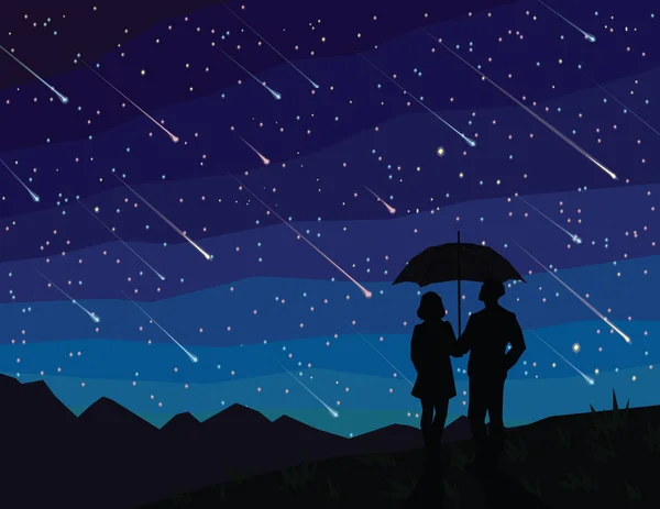 Starfall. Silhouette of couple under umbrella, watching falling stars. The starry night sky. Meteor shower. — Stock Vector