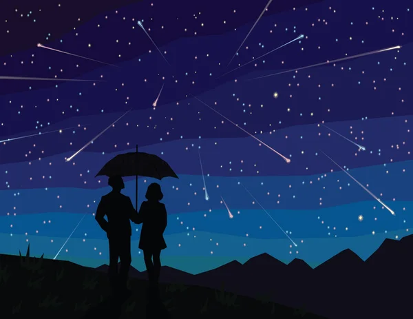 Starfall. Silhouette of couple under umbrella, watching falling stars. — Stock Vector