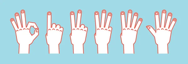 Conta sulle dita. Un gesto. Mani stilizzate che mostrano numeri diversi. Icone. Vettore . — Vettoriale Stock