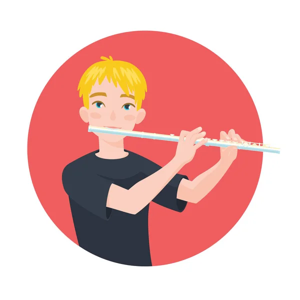 Músico tocando flauta. Boy flautista está inspirado para tocar un instrumento musical clásico. Vector . — Archivo Imágenes Vectoriales