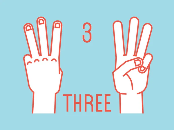 指に数えます。3 位。ジェスチャ。人差し指、中指、薬指を様式化された手。ベクトル. — ストックベクタ