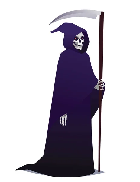 Grim Reaper segurando Scythe. Personagem da morte em roupão escuro com capuz indo para festa de fantasia. Vetor . —  Vetores de Stock