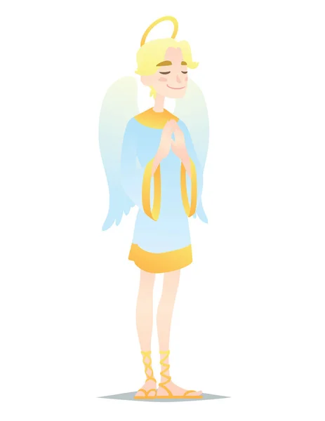Angelic boy. Cute young man in style of Angel with wings praying. Vector. — Stock Vector