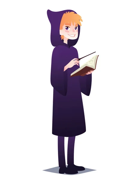 Wizard jongen met boek en magische stok. Leuke jongeman in stijl van goochelaar in gewaad met kap gaan voor Halloween-feest. Vector — Stockvector