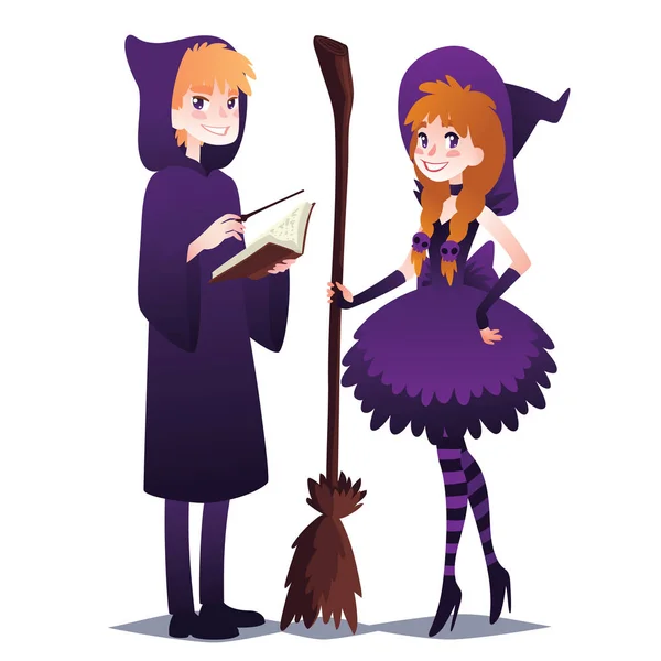 Wizard jongen met boek en magische stok. Meisje van de heks met bezem. — Stockvector