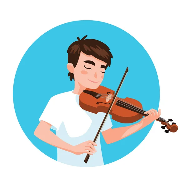 Músico a tocar violino. Rapaz violinista é inspirado para tocar um instrumento musical clássico. Vetor — Vetor de Stock