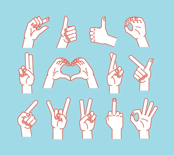 Gesture set. Stulized hands showing different signs. Vector. Icons. — Stock Vector