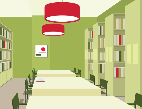 Interieur van de bibliotheek met tafels, stoelen, boekenkasten, lichten. Perspectief bekijken. Lege ruimte. Vector — Stockvector