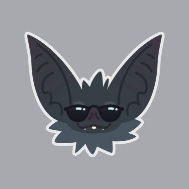 Güneş gözlüğü etiket içinde yarasa. Emoji. Şirin Halloween yarasa vampir vektör çizim serin duygu gösterir.
