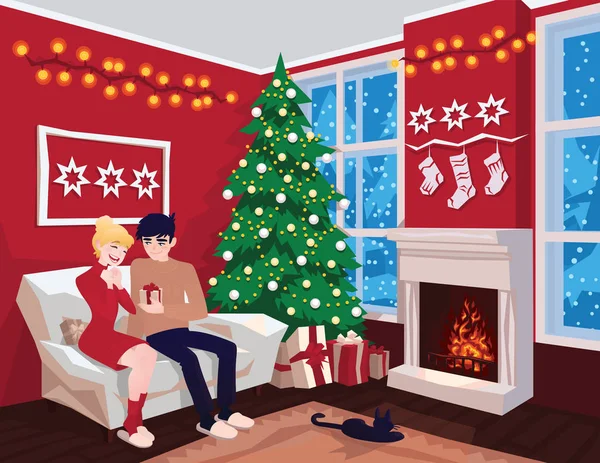Young couple on sofa and cat in decorated guest room interior with a fireplace. Family celebration. Christmas tree, gifts. Cozy home holiday. Vector. Merry christmas.