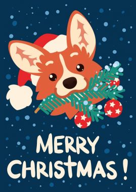 Mutlu Noeller ve mutlu yeni yıl. Noel Baba şapkası şirin Corgi köpek ile Noel ağacı dalı ağzına. Galce Corgi kafa düz çizgi film tarzı kar ile mavi arka plan üzerinde vektör Illustration. Kartı.