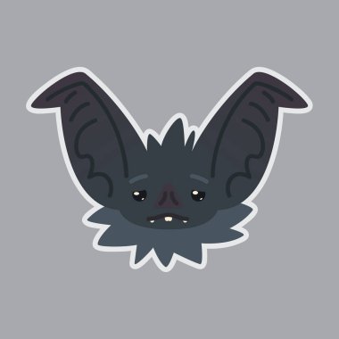 Yarasa etiket. Emoji. Şirin Halloween yarasa vampir üzücü duygu gösterilmiştir. Yorgun. Alt katmanı ile izole ifade simgesi. İri kulaklı gri yaratık burun. Baskı tasarımı. Rozeti. Üzüntü. Vektör.