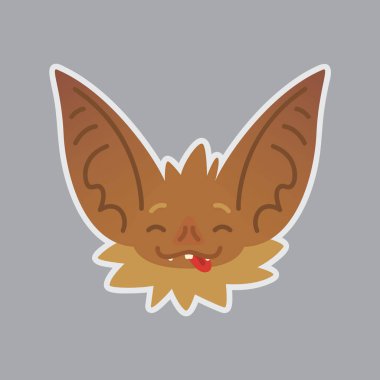 Yarasa duygusal kafa. İri kulaklı kahverengi yaratık vektör çizim neşeli duygu gösterir. Emoji. Smiley ile dil simgesini.