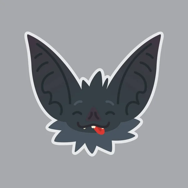 Bat sticker. Emoji. Vector illustration of cute Halloween bat vampire shows joyful emotion. Bat-eared grey creature s snout with tongue.