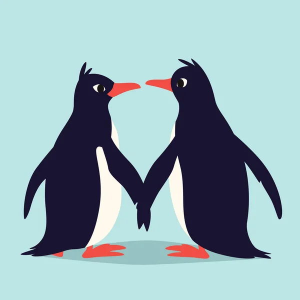 Милые влюблённые пингвины. Семья птиц, держащих крылья и смотрящих друг на друга. Цветные векторные иллюстрации в плоском мультяшном стиле изолированы на синем фоне. Пара животных . — стоковый вектор