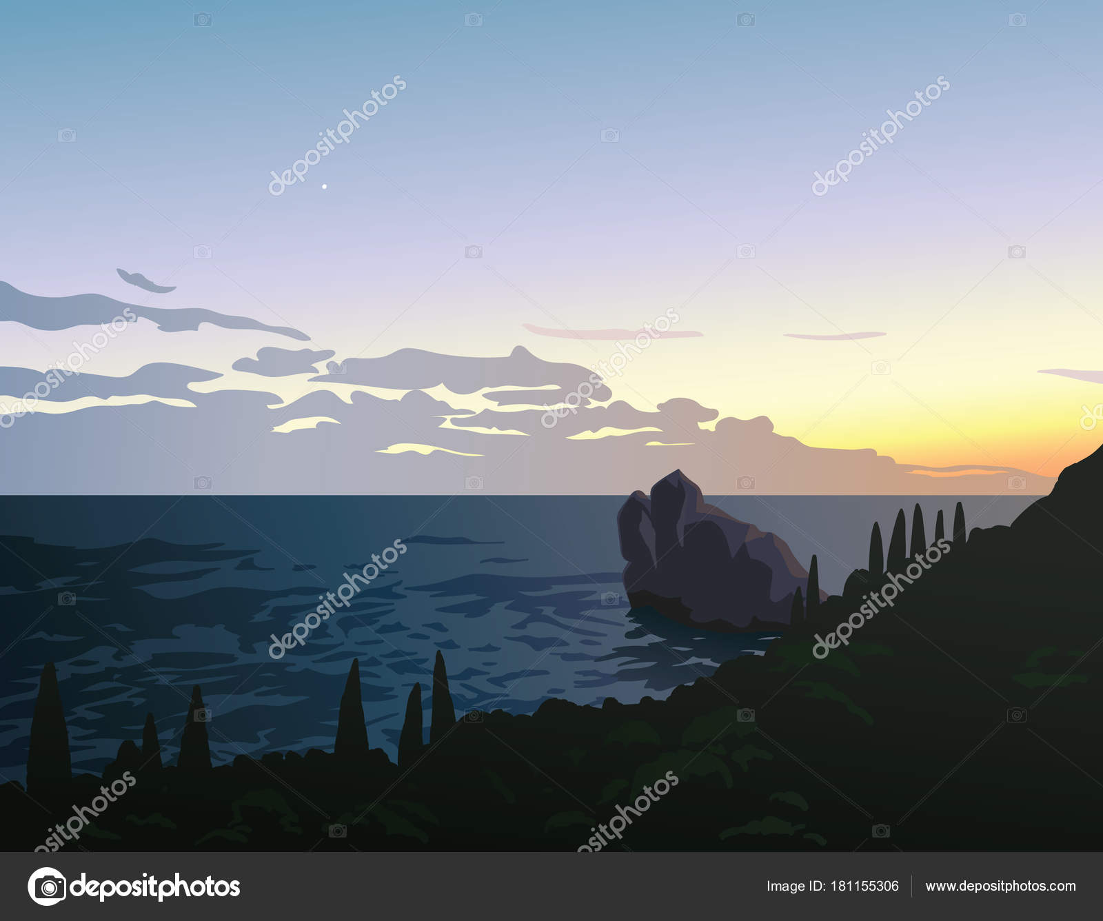 Vista sul mare bella estate Tramonto Vista del litorale nella baie del mare con l isola di pietra Prima piccola stella in cielo al crepuscolo Crimea