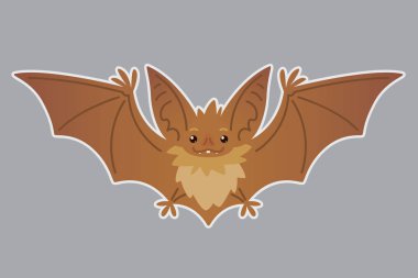 Uçan yarasa. İri kulaklı kahverengi yaratık siluet syblayer ile düz tarzında uzattığı kanatlı vektör Illustration. Etiket. Tasarım, yazdırma için öğe. Şirin Halloween yarasa vampir simgesi.