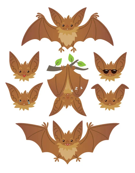 Bat in verschillende poses. Vliegen, opknoping. Bruine vleermuis-eared snuit met verschillende emoties. Illustratie van plat dier emoticons op witte achtergrond. Schattige mascotte emoji instellen. Halloween smiley. Vector. — Stockvector