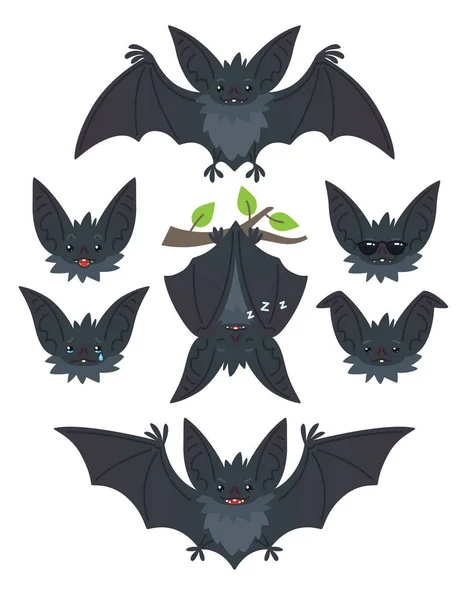 Murciélago en varias poses. Volando, colgando. hocicos grises con orejas de murciélago con diferentes emociones. Ilustración de emoticonos modernos de animales planos sobre fondo blanco. Lindo conjunto emoji mascota. Halloween sonriente. Vector . — Archivo Imágenes Vectoriales