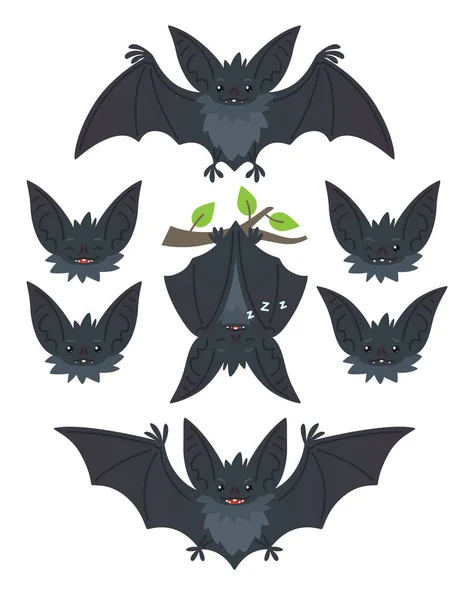 Bat in various poses. Flying, hanging. Grey bat-eared snouts with different emotions. Illustration of modern flat animal emoticons on white background. Cute mascot emoji set. Halloween smiley. Vector — Stock Vector