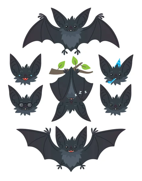 Bat in various poses. Flying, hanging. Grey bat-eared snouts with different emotions. Illustration of modern flat animal emoticons on white background. Cute mascot emoji set. Halloween smiley. — Stock Vector