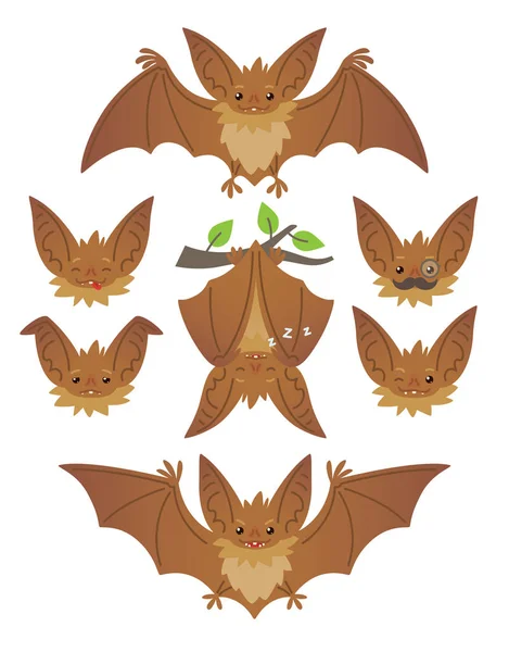 Bat in verschillende poses. Vliegen, opknoping. Bruine vleermuis-eared snuit met verschillende emoties. Illustratie van moderne platte dier emoticons op witte achtergrond. Schattige mascotte emoji instellen. Halloween smiley. Vector — Stockvector