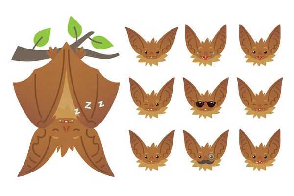 Murciélago durmiendo, colgando boca abajo en la rama. Emoticones de animales. Ilustración de criatura marrón oreja de murciélago con alas cerradas en estilo plano. Cabezas emocionales de lindo vampiro murciélago de Halloween. Emoji. Vector — Vector de stock