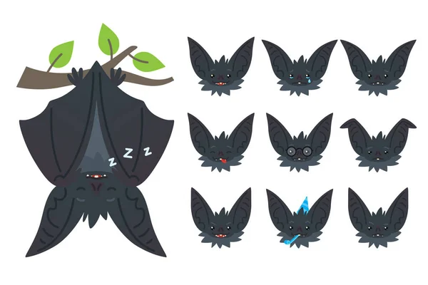 Bat sleeping, hanging upside down on branch. Animal emoticon set. Illustration of bat-eared grey creature with closed wings in flat style. Emotional heads of cute Halloween bat vampire. Emoji. Vector. — Stock Vector