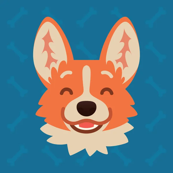 Cabeza emocional perro Corgi. Ilustración vectorial de perro lindo en estilo plano muestra emoción feliz. Emoji de la risa. Icono sonriente. Chat, comunicación, impresión, pegatina. Objeto aislado sobre fondo azul. Sonríe — Vector de stock